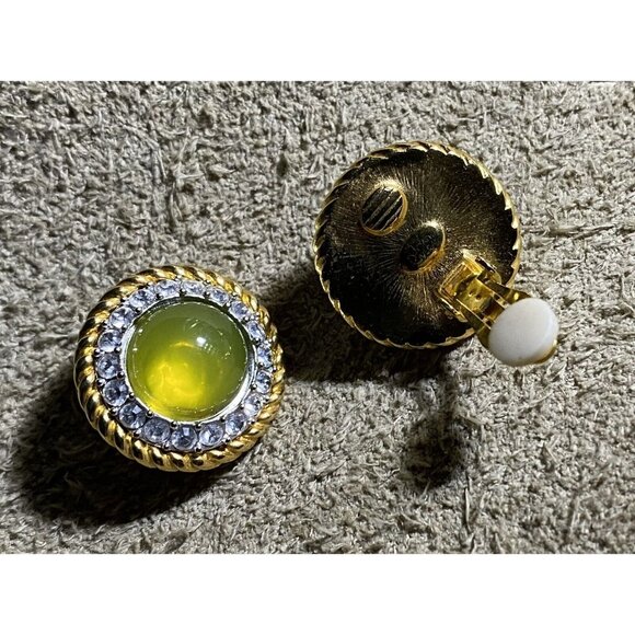 Vintage Joan Rivers Goldtone Clip-On Earrings Crystals & Green Translucent Stone - Picture 3 of 9